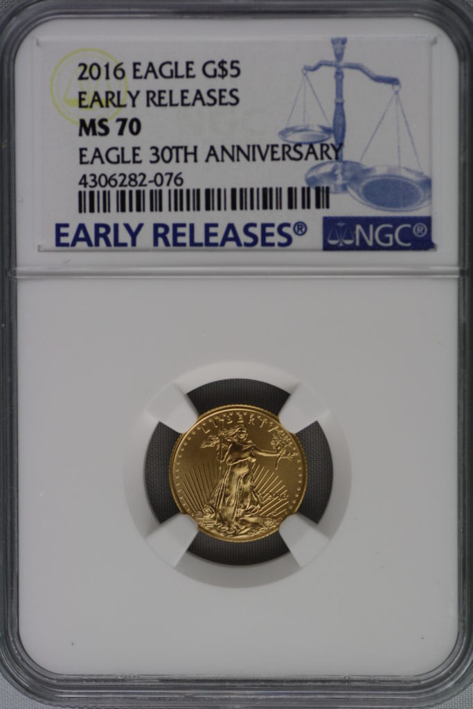 2016 Eagle 金貨 発行30周年 早期発行(フレッシュ) $5 NGC MS70