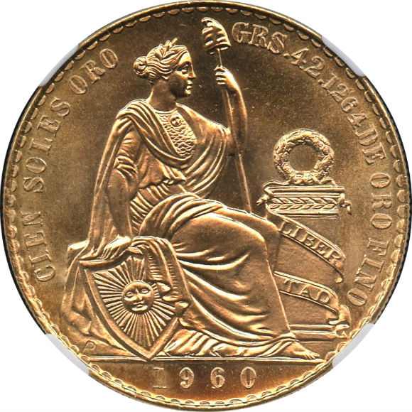トップグレード 大型金貨 ペルー 100ソル 1960年 MS67 NGC｜発行所 