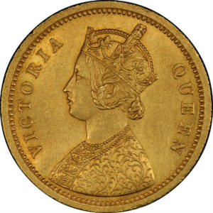 トップグレード 英領インド ヴィクトリア女王 モハール “V” on Reverse ウィリアム・ワイオン(ウナ＆ライオン) 1862年 金貨 MS63 PCGS