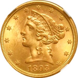 トップ３グレード(同列) 5ドル金貨 リバティーヘッド アメリカ 1893年 サンフランシスコ モットーあり タイプ２ 割安感あるバラエティー MS65 NGC