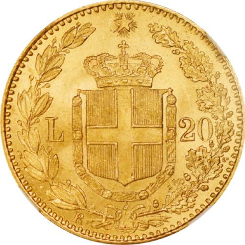 トップグレード(単独) ２０リラ ウンベルト１世 金貨 イタリア 1886年 MS64+ NGC
