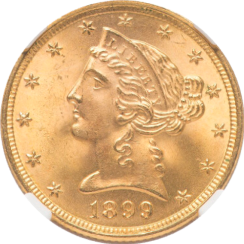トップ３グレード(同列) 5ドル金貨 アメリカ 1899年 リバティーヘッド モットーあり タイプ２ フィラデルフィア 高騰の中の割安感 MS67 NGC