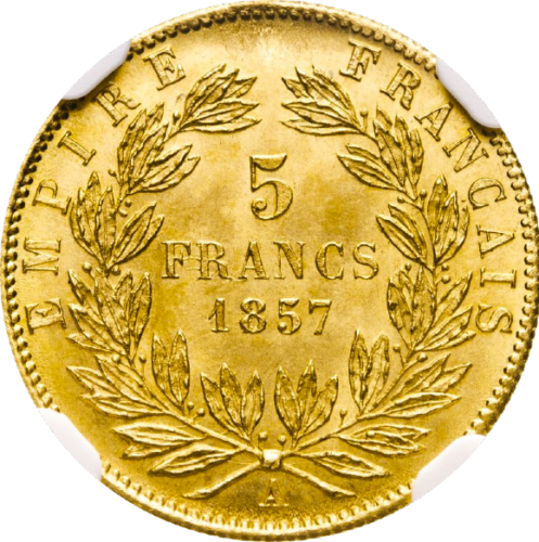 トップグレード(単独) ５フラン金貨 ナポレオン３世 フランス パリ鋳造 1857年 MS66+ NGC