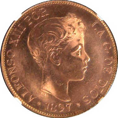 スペイン (Spain) アルフォンソ13世像 100ペセタ金貨 1897年(97