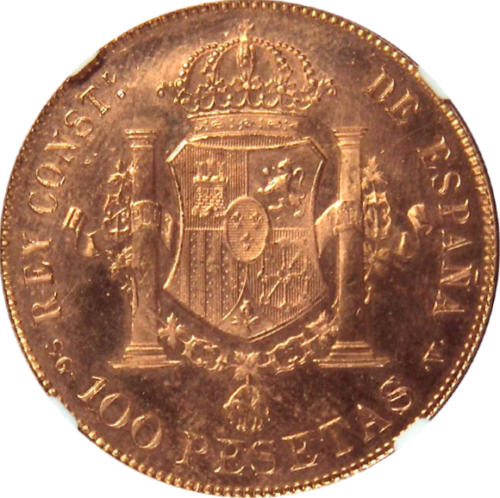ハイグレード スペイン 100ペセタ金貨 RESTRIKE(再鋳) 1897年(1962年) MS66 NGC