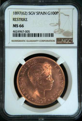 ハイグレード スペイン 100ペセタ金貨 RESTRIKE(再鋳) 1897年(1962年) MS66 NGC