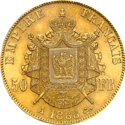 トップグレード(同列) 50フラン 金貨 フランス パリ ナポレオン３世 1866年 MS64 PCGS