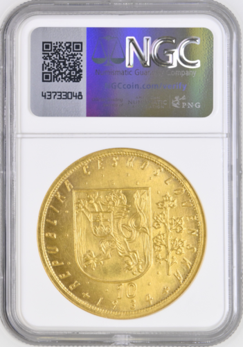 チェコスロバキア 10ダカット金貨 ヴァーツラフ１世没後1000年記念 クレムニツァ 1934年 MS66 NGC