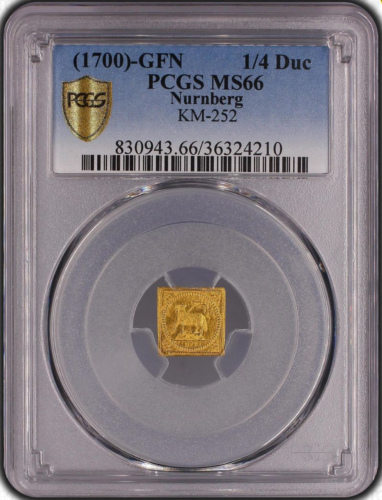 トップグレード(PCGS) ニュルンベルク(ドイツ) クリッペ型 ラムダカット(金の羊) 金貨 1/4ダカット 1700年 MS66 PCGS