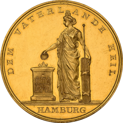 世界で2点のみ バンクポルトガレッサー ハンブルク(ドイツ) 10ダカット 大型ドイツ金メダル 対ナポレオン(フランス)戦争終結記念 「新世紀の平和」 金メダル 1801年 MS61PL NGC