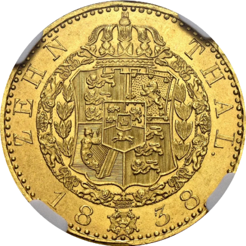 トップグレード(単独) 10ターラー金貨 ハノーファー王国 エルンスト・アウグスト1世 1838年 MS64 NGC