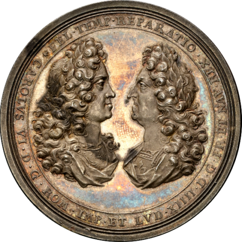 オンリーワングレード スペイン継承戦争終結記念 銀メダル カール6世 ルイ14世 オーストリア ハプスブルク家 神聖ローマ帝国 フランス ブルボン家 大型スラブ 1714年 MS63 NGC