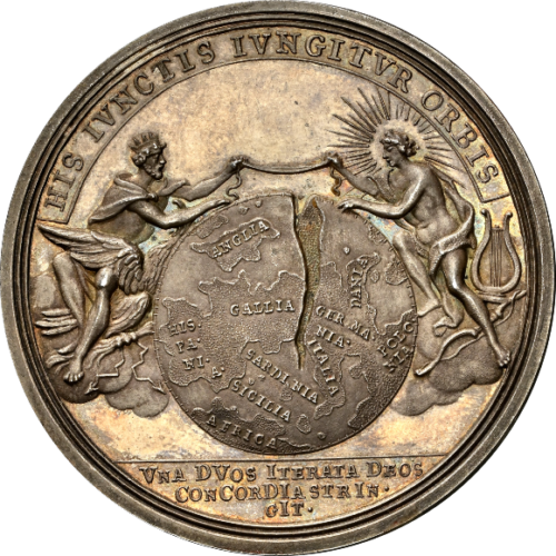 オンリーワングレード スペイン継承戦争終結記念 銀メダル カール6世 ルイ14世 オーストリア ハプスブルク家 神聖ローマ帝国 フランス ブルボン家 大型スラブ 1714年 MS63 NGC