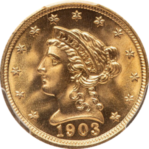 トップグレード ２.５ドル 金貨 トップグレードの上乗せクオリティ「空前絶後品」 クォーターイーグル リバティーヘッド 1903年 MS68 PCGS