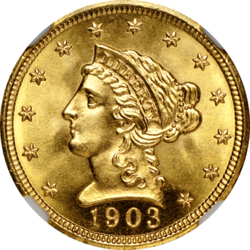 トップグレード ２.５ドル 金貨 トップグレードの上乗せクオリティ「空前絶後品」 クォーターイーグル リバティーヘッド 1903年 MS68 NGC
