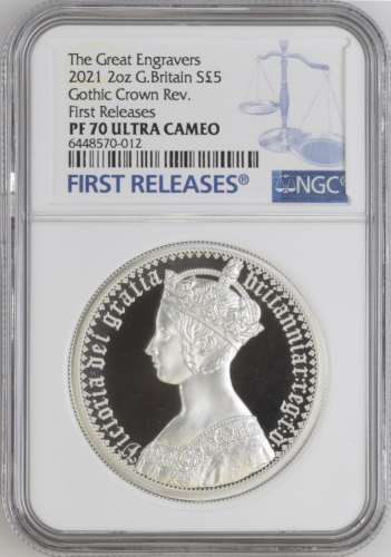 トップグレード ゴシッククラウンポートレート 2オンス 5ポンド グレートエングレーバーシリーズ ヴィクトリア女王(ヤングヴィクトリア) エリザベス2世(在位:1952年〜2022年) ウィリアム・ワイオン ロイヤルミント シルバー(.999) 初回リリース品鑑定 オリジナル木製ボックス オリジナル化粧箱 真正証明書 プルーフ ウルトラカメオ 2021年 PF70UC NGC