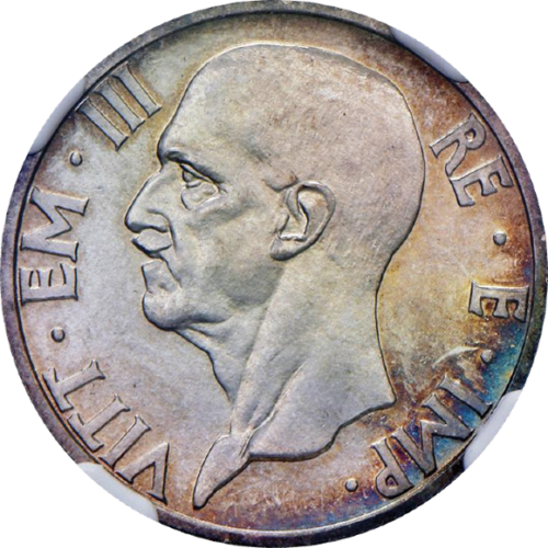 トップグレード 5リラ銀貨 極少発行(20点のみ) 造幣局保存・収集家向け発行 ナチスの軍靴を聞いたサバイバー銀貨 イタリア 1938年 MS65 NGC